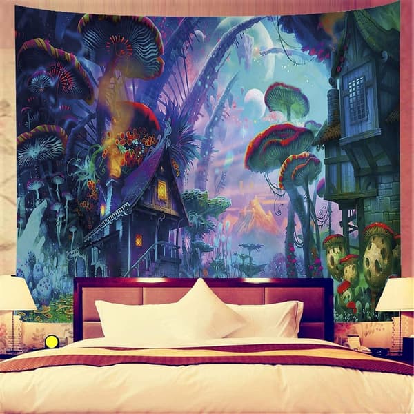 (150x200cm) Psychedelic Forest Tapestry Wall Hanging Mushroom Village