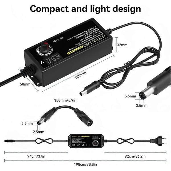24V 3A 72W Universal strømforsyning, AC til DC 3V-24V adapter justerbar strømadapter med LED spenningsdisplay EU-plugg