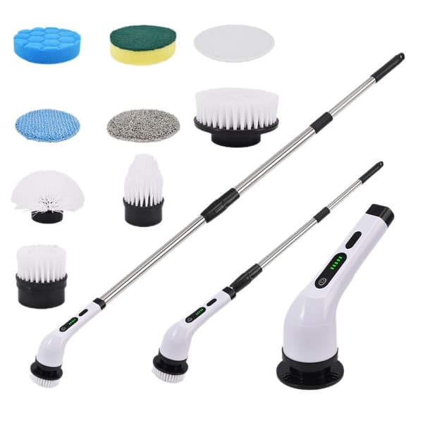 QU-Electric Rotary Cleaning Brush with 8 Replaceable Brush Heads, with Adjustable Handle for Bathroom, Kitchen, and Car