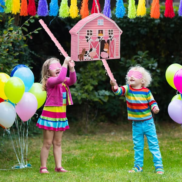 Lyserød bondegårds-piñata-pakke, Fiesta-sæt med bat og bind for øjnene -
