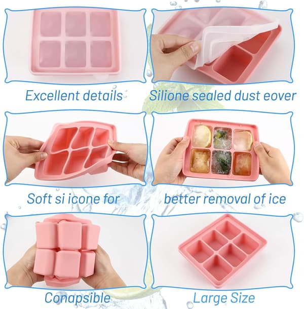 3-pack Ice Cube Trays, Silicone Ice Cube Molds with Lids, Large Square Ice Cubes 5 cm, Stackable and Dishwasher Safe, for Cocktails, Whiskey, Fruit, Ice