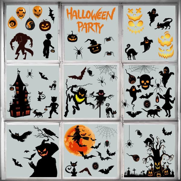 Halloween Vindusdekorasjon 9 Ark PVC Dobbeltsidig Gjenbrukbare Halloween Dekaler Flaggermus Slott Edderkopper Spindelvev Døde Trestammer