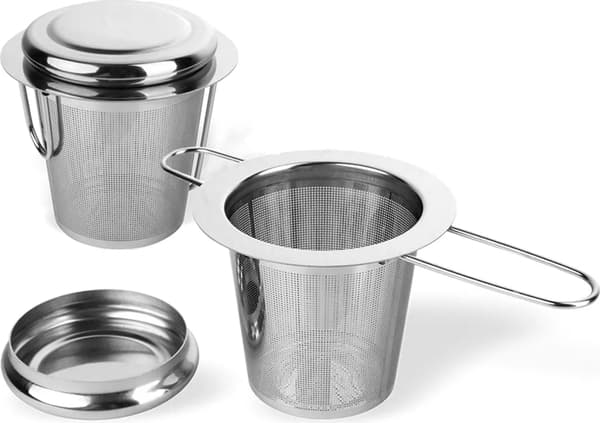 Schramm® 2-delt tesil i rustfrit stål med låg, drypbakke, tefilter, ideel til løs te, egnet til kopper og kander med langt foldbart håndtag
