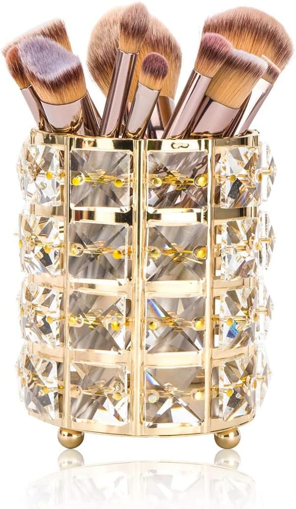 Guld - Makeupbørste Opbevaring, Børsteholder, Krystal, Rund, Makeu