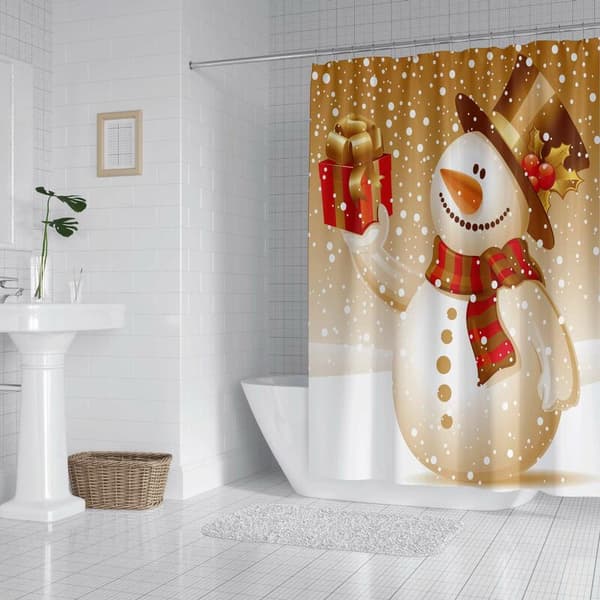 Christmas Shower Curtain Bathroom Decor Kit Fabric with Hooks 90cm x 180cm.