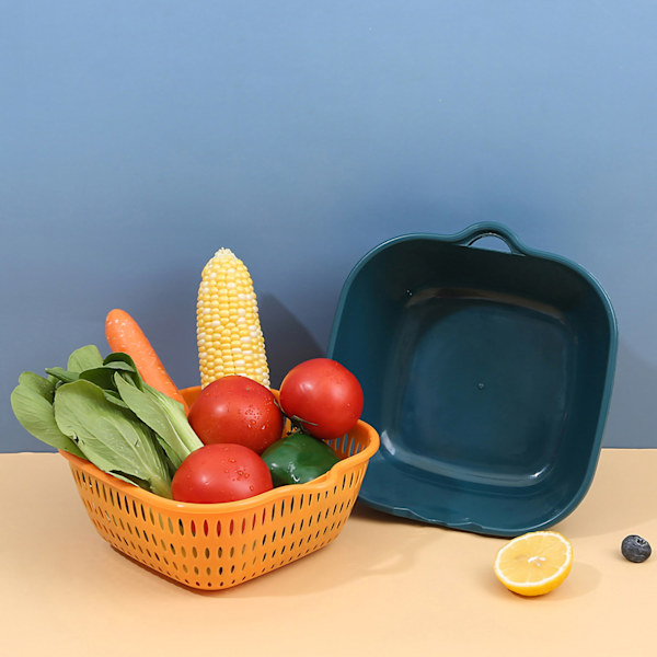 Vegetable Washing Basket Double Layer Drains Quickly Hanging Multifunctional Fruit Strainer with Side Handle for Kitchen L Blue Yellow