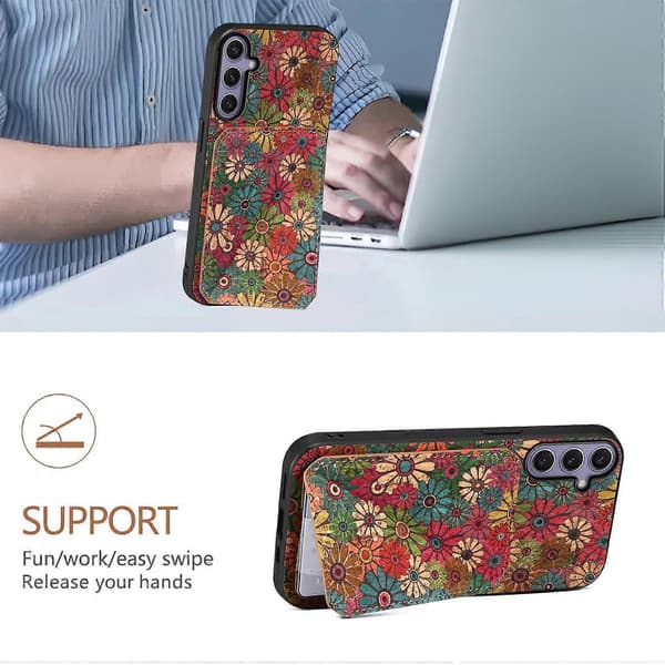 Etui til Samsung Galaxy S25+ med kortholder, stativ, blomstermønster, lædertelefoncover - efterår