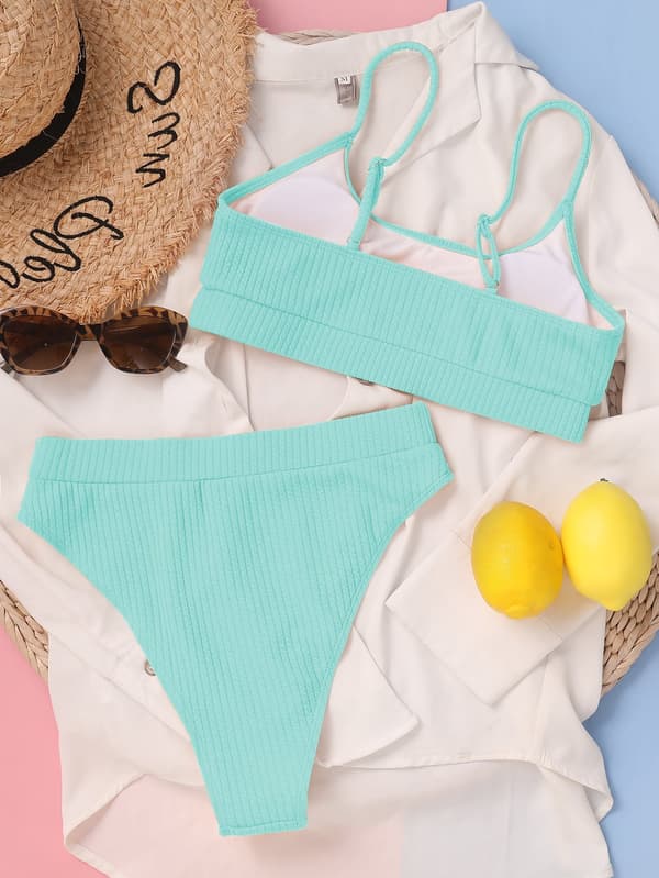Kvinner Høy Midje Ribbet Cami Bikini Sett Mint Blå S-US4