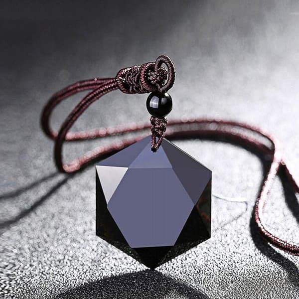 Svart obsidian stein heksagram form anheng halskjede_yu