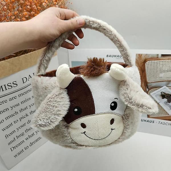 Cow Plush Easter Basket with Plush Ears, Easter Bags for Party Decorations, Candy Gifts, Easter Egg Hunt