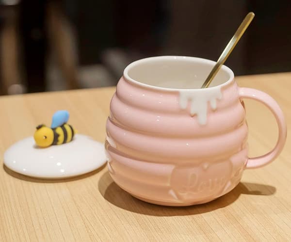 Keramisk mugg bi honungsburk relief kaffe med sked gul-B - Yellow-B
