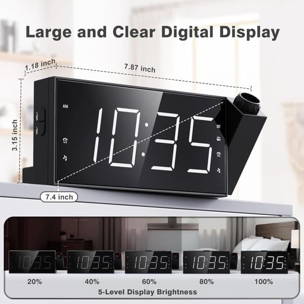 Digital Projektionsvækkeur - 7\" LED-display, Dobbelt Alarm, Justerbar Lysstyrke - Til Væg/Loft