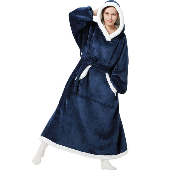Blødt og varmt fleecetæppe til kvinder, badekåbe til kvinder, pyjamas, loungewear, nattøj 150 cm (marineblå)