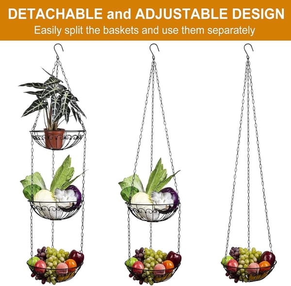 3-Tier Hanging Fruit Basket, Metal Vegetable Baskets Round Fruit Basket Storage Rack for Fruit Vegetable Bread, Black
