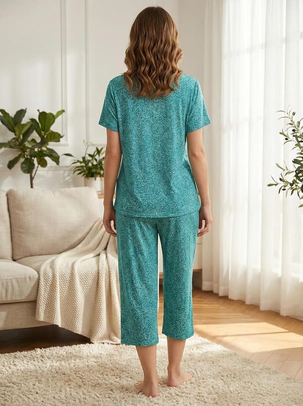 Pyjamas för kvinnor i bomull, sovkläder, kortärmad tröja, capribyxor, sött levande tryck, blågrön, stor Bluish Green Large