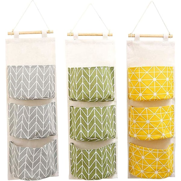 3pcs Cute Linen Cloth Hanging Storage Bag Behind Foldable Wall Door for Storing Small Stuff in Entryway Toys Jewelry Keys 3 Pockets Green