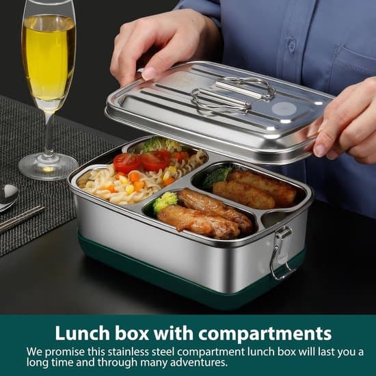 Madkasse - Rustfrit stål - 2000 ml - 22 × 15,5 × 9 cm - Bento Box - Lækagesikker - Med skillevæg - Velegnet til voksne og børn - Sølv