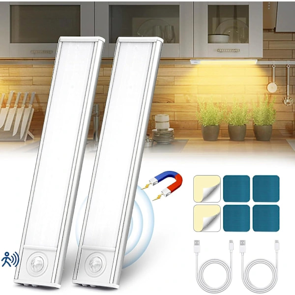 LED Kitchen Lighting, Wireless USB Rechargeable Wardrobe Light, 6000K LED Under Cabinet Lighting, Magnetic Dimmable with Motion Sensor (20cm * 2-pack)