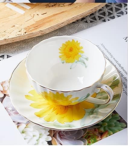 Keramisk solsikke tekoppsett kaffekrus med skål 4 stk - 4pcs