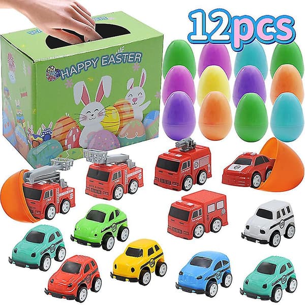 12-pack Surprise Eggs Filled with Mini Car Toy Vehicles for Kids Easter Egg Hunt Easter Basket Stuffers Easter Party Favors