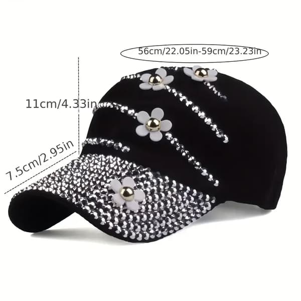 Trendy baseballcaps med rhinestone-blomst - Lett og justerbar solhatt for kvinner