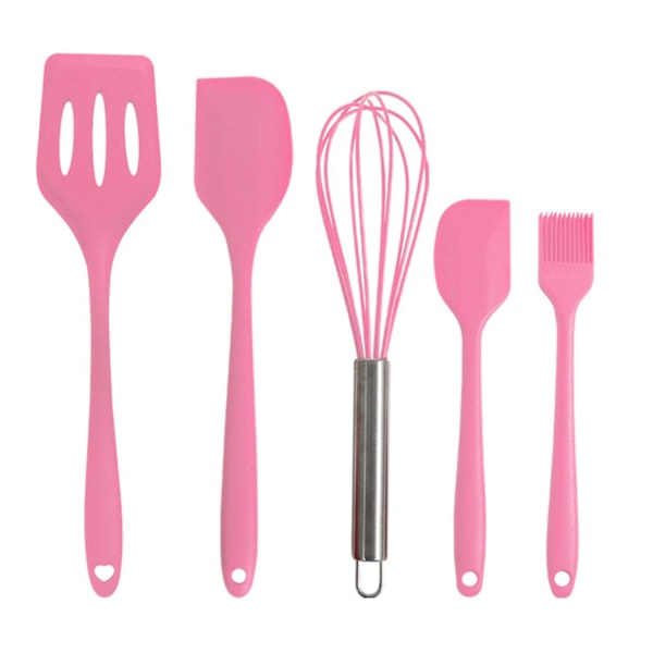 5 kpl Silikoniset Keittiövälinesetti Tarttumaton Joustava Helppo Puhdistaa ja Konepesun Kestävä Pink