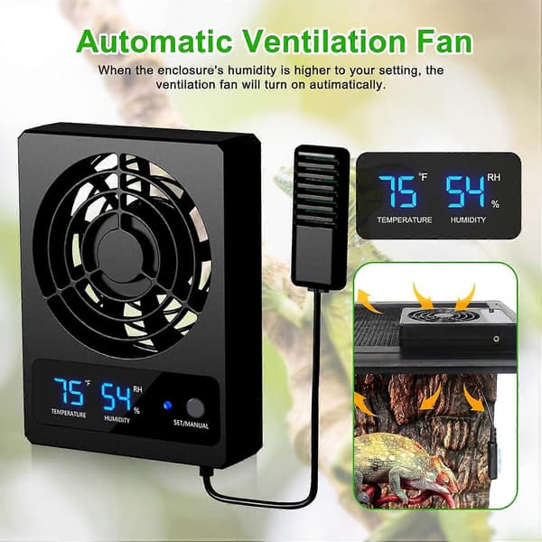 Ventilationsventilator til krybdyrbur, effektiv køleventilator med fugtighedsmåler og LED-display til regnskovsterrarier og slanger