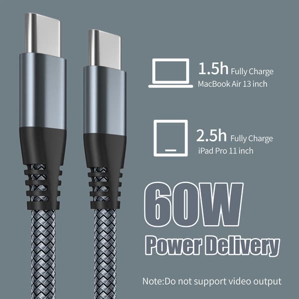 USB-C Charging Cable 60W Fast Charging, Compatible with iPhone 15/Plus/Pro Max, Samsung Galaxy S24/S23/S22, Pixel 7 Pro Grey 2m