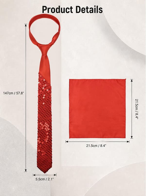 Paljett-slips for menn, glitrende slips og ensfarget lommetørkle-sett, rød Red