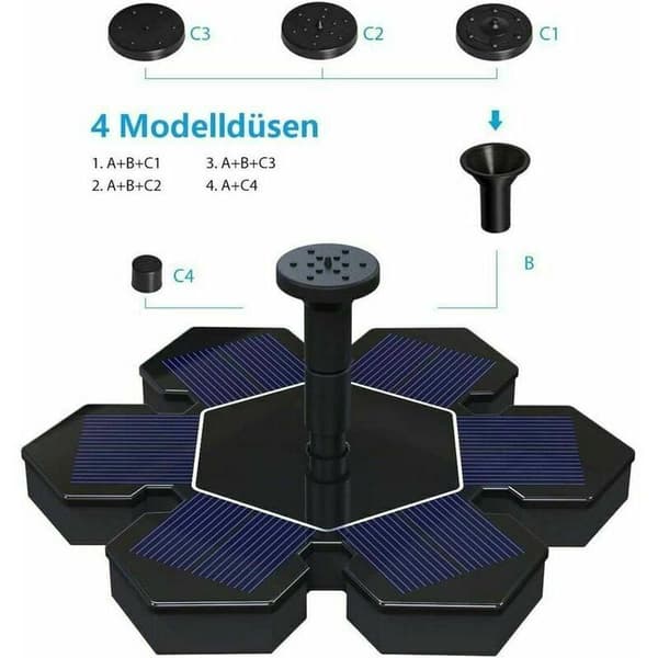Solarfontän med solbatteripump och 4 munstycken för trädgårdar, minidammar, trädgårdsfontän