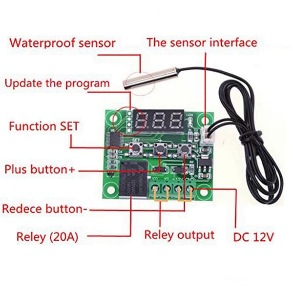 2x W1209 DC 12V Termostat Temperaturkontrolkontakt Termometerregulator med Digital LED-display