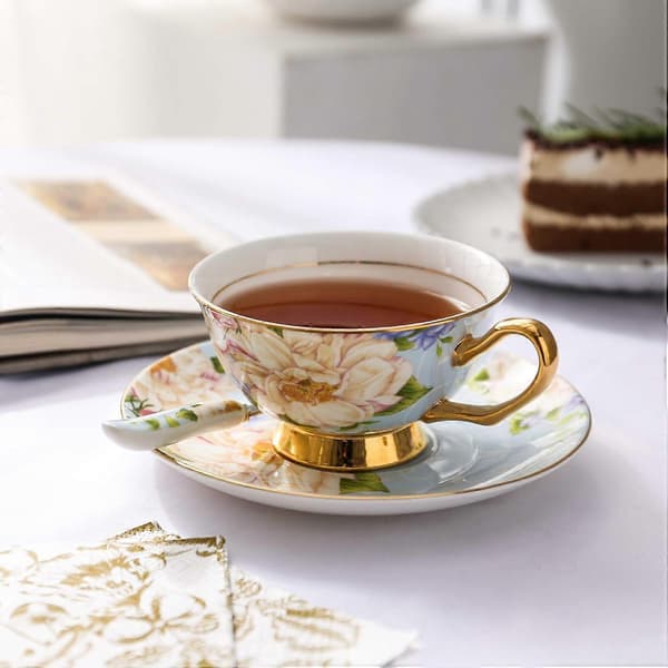 Cup & Saucer Set with Spoons, Champagne Rose on Blue Patterned Bone China 3-Piece Set Ceramic Tea Coffee Cup