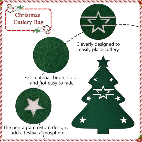 Christmas Tree Cutlery Holders, Reusable Felt Cutlery Pockets, Set of 12 Green Table Decorations for Christmas Dinner