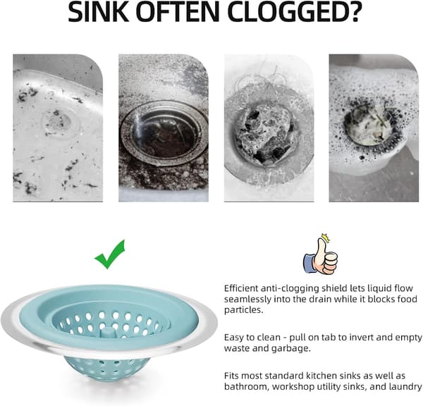 Diskho sil i silikon och metall - Fantastisk diskho sil, silikondräneringssil, diskbänksplugg, 4,6 ˝ diameter metallkant blå 2 st