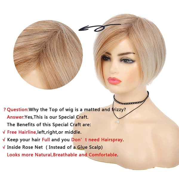 Kort blond parykk for hvite kvinner, syntetisk lagdelt side-skill