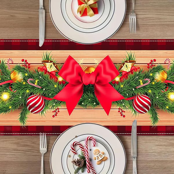 Christmas Tablecloth Red With Trees, Candy And Bells Print Holiday Dinner Decor 275x33cm