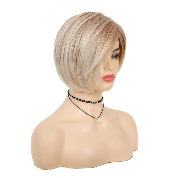 Kort blond parykk for hvite kvinner, syntetisk lagdelt side-skill