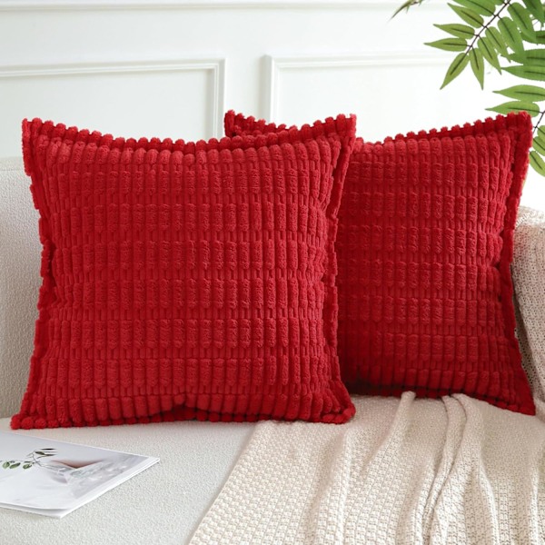 Kuddfodral set om 2 i sammet, dekorativt fyrkantigt randigt örngott med sydda kanter, kuddfodral 50 x 50 cm Red