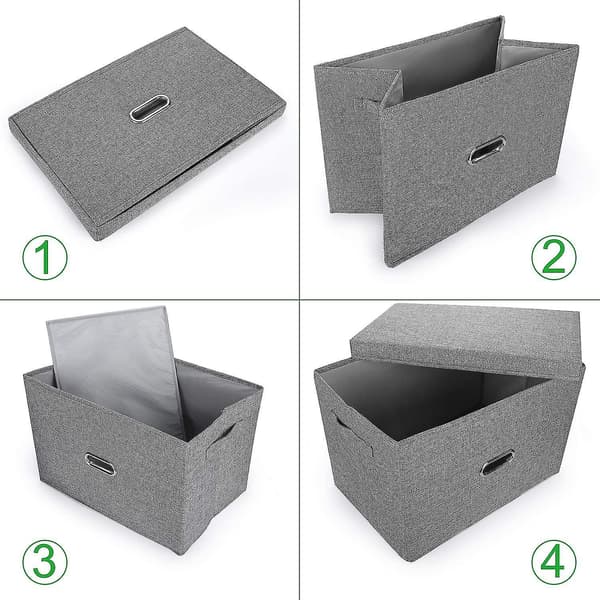 Foldable Linen Storage Baskets with Removable Lids and Handles, Washable Storage Bins Cube with Lid (Khaki, Large)