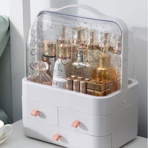 Makeup Organizer with Drawers and 180° Rotating Transparent Lid, Perfume Storage for Dressing Table, Bathroom