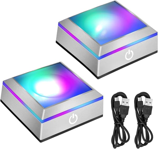 LED-lysbase til krystaller, 2-pak firkantet 6-farvet lysbase til 3D-glaskunstdisplay, flad og konkav base