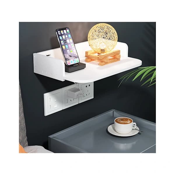 Wall-mounted projector shelf with cable hole, matte white storage shelf for living room 24 x 19 cm