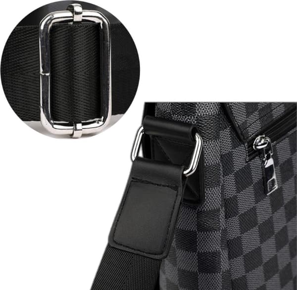 Men's Shoulder Bag, PU Leather Water-Resistant Scratch-Resistant Shoulder Bag with Adjustable Strap for Work Travel, Black Grey Plaid