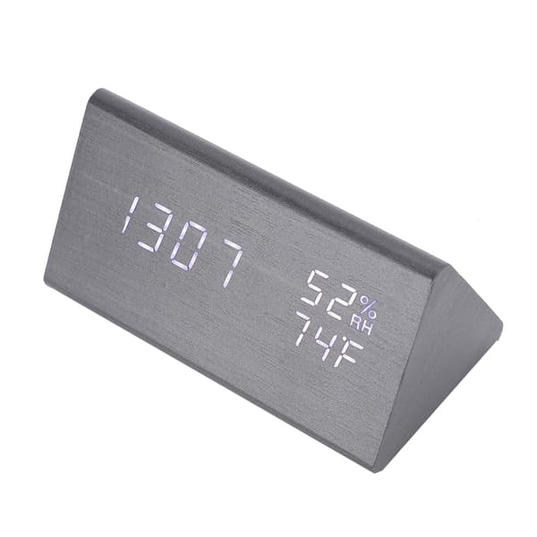 Digital LED Wooden Table Clock Voice Control Triangular Temp Humidity Alarm White Light