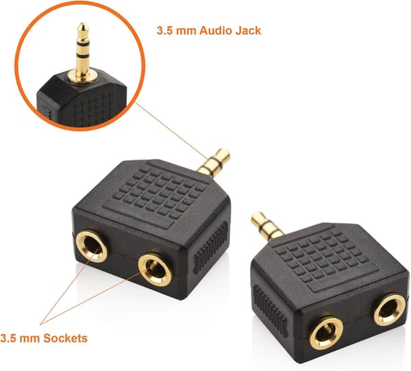 Hovedtelefondeler Y-splitter og han-lydstik til 2 hunstik til iPhone, iPod, iPad og andre Apple-lydenheder 3,5 mm deler (2-pak) Sort