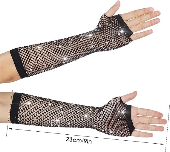 Fiskenet Rhinestone Fingerløse Handsker - 80'er Mode Armærmer Glitrende Netvanter til Kvinder og Børn