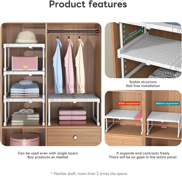 Kitchen Shelf Telescopic Storage Shelf Extendable Wardrobe Shelf Multifunctional Storage Shelf White