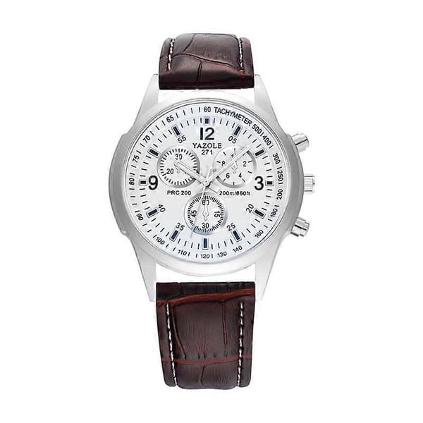 YAZOLE 271 Herre Quartz Ur [DB] Hvid Skive Brun Rem White Disk Brown Belt