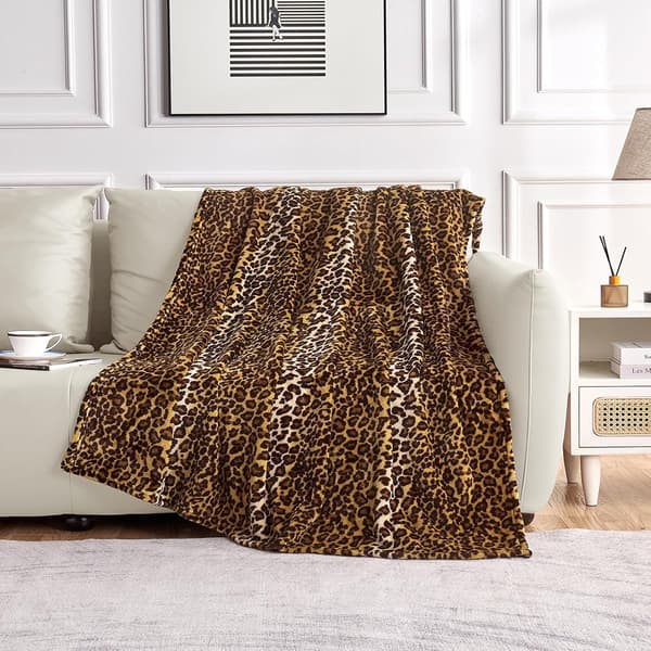 Leopardtrykt tæppe til seng, sofa, rejser og camping, superblødt og behageligt fluffy tæppe (127 x 152 cm)-FA-