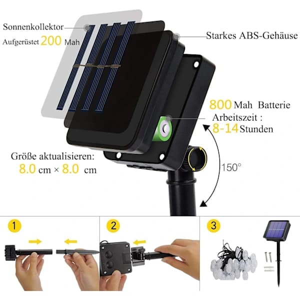 Solcelledrevne utendørs lyslenker, 50 LED, 8 moduser, krystallkule, hvit